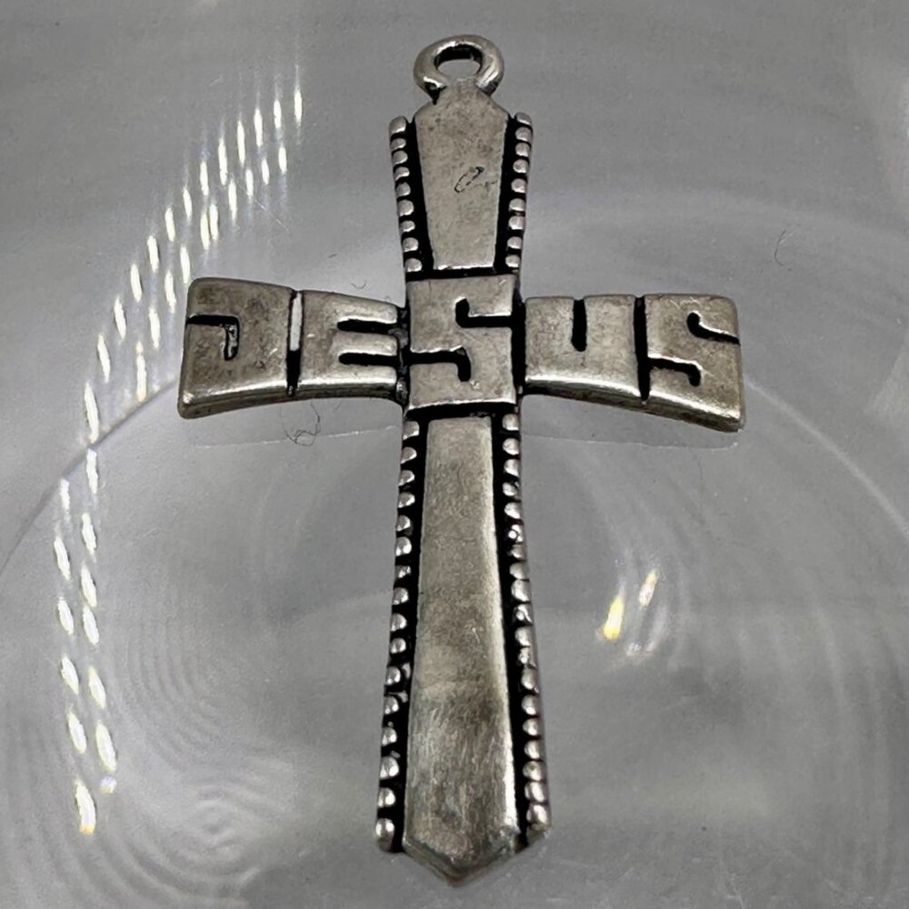 Jesus Devotional Name Cross Pendant Signed WJ 925 Beaded Edge Sterling Silver